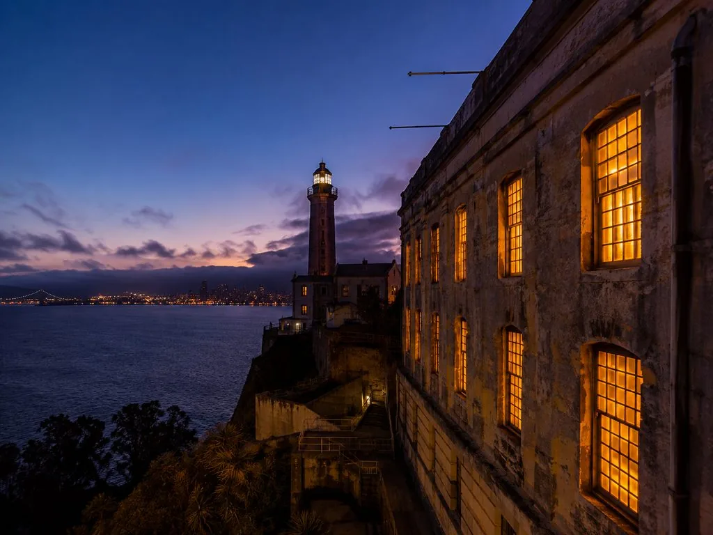 The Alcatraz cellhouse during an evening visit